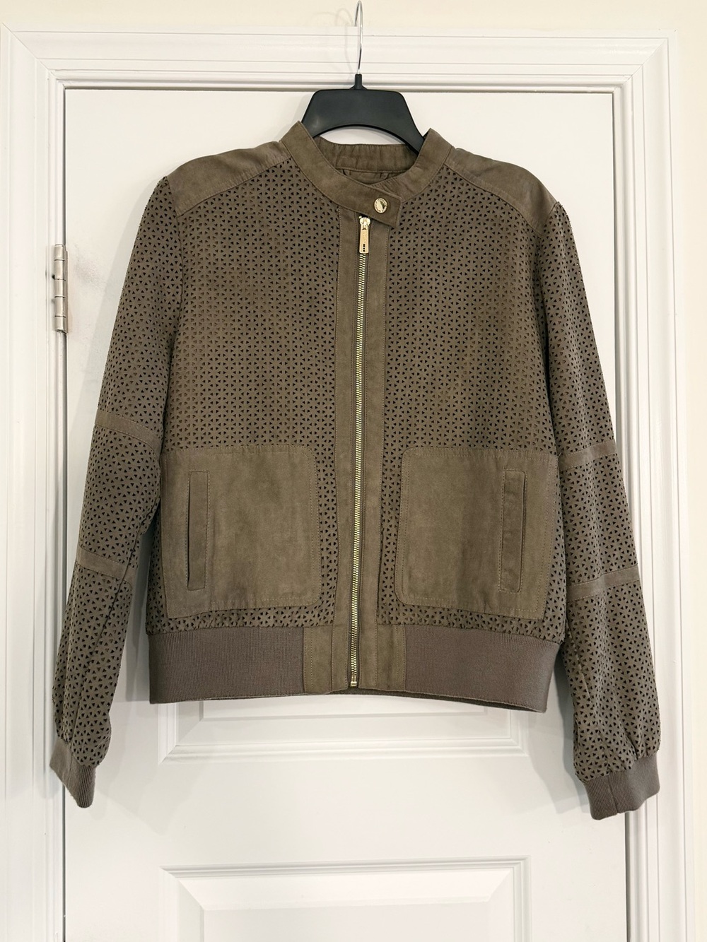 Taupe Faux Suede Perforated Bomber Jacket Women’s Large Moto Utility Minimalist